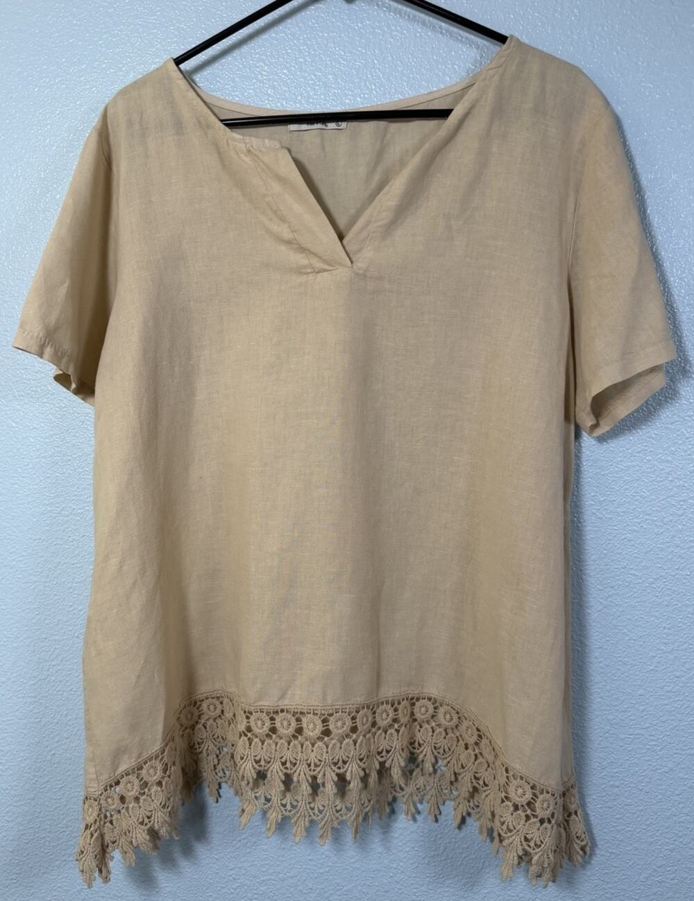 Terzo Millennio Women’s L Linen Cotton Crochet Lace Hem Blouse Made Italy